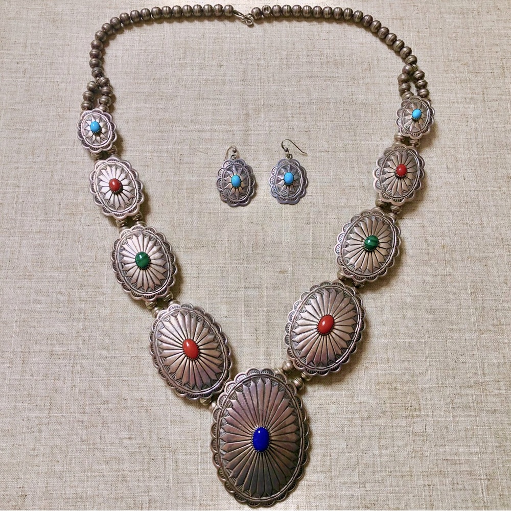 Tim Guerro Sterling Silver and Turquoise Concho Necklace and Earring Set